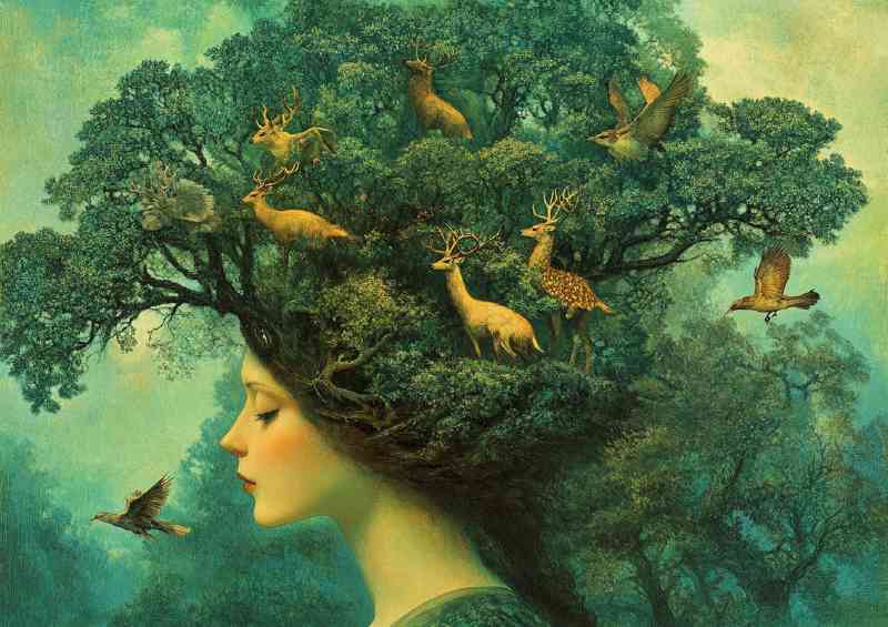 Surreal forest scene with trees and wild animals | Metal Poster