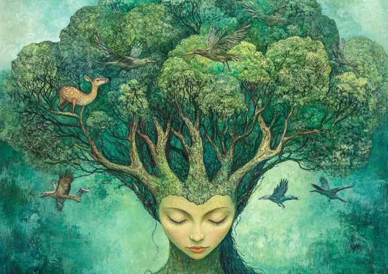 Surreal forest scene with trees animals and birds flying | Canvas