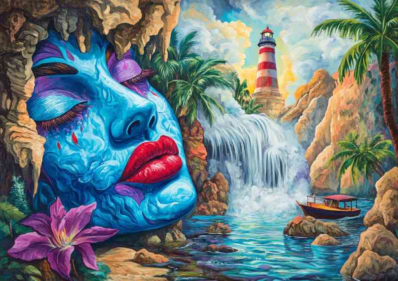 Surrealistic painting of a womans face with blue waterfall | Poster