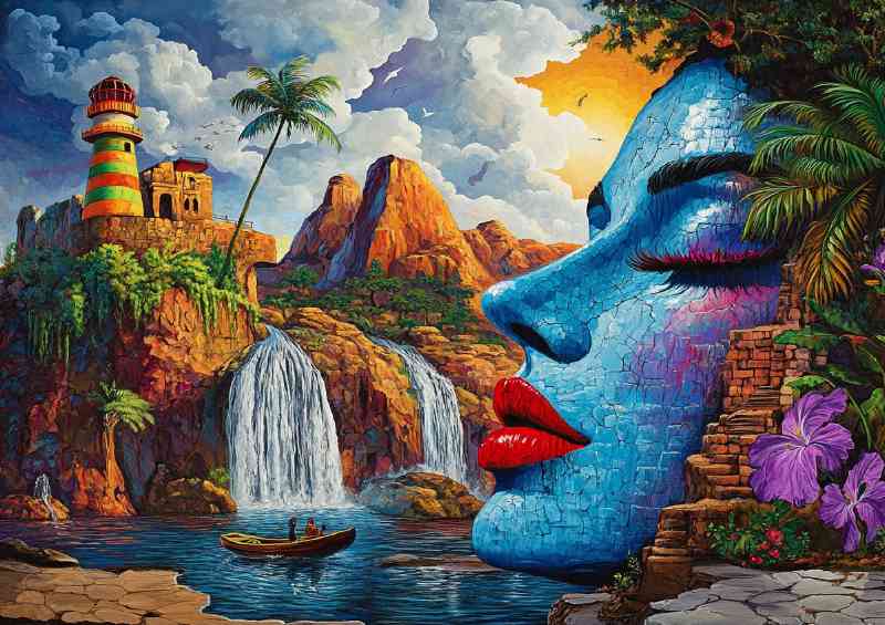 Surrealistic painting of a womans face with blue skies | Poster