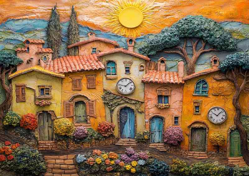 Tuscan village houses with clocks on the walls sun | Metal Poster