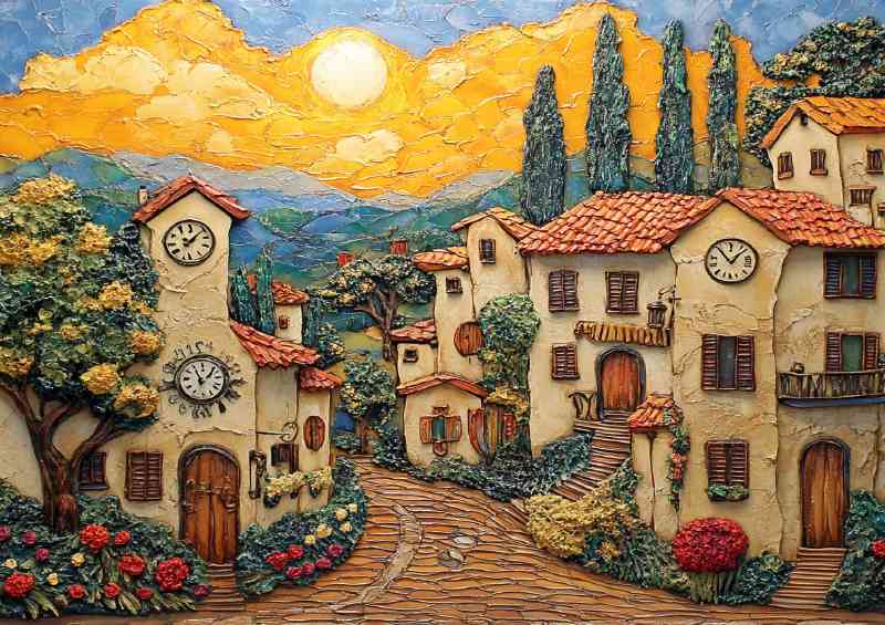 Tuscan village houses with clocks on the walls sun in abstract style | Poster