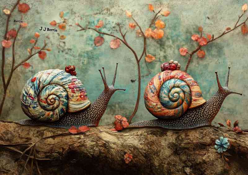 Two snails with colorful shells in the style abstract surrealisum | Poster