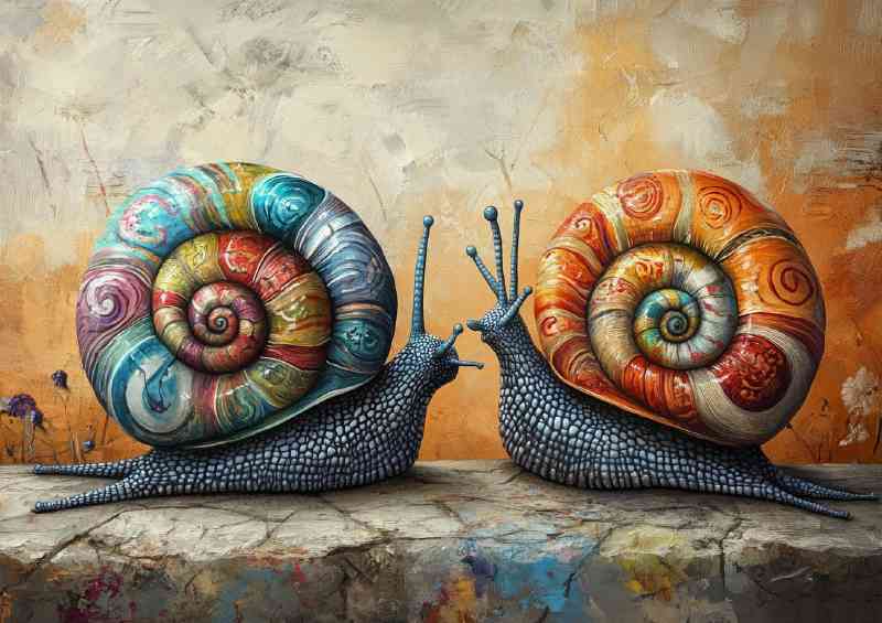 Two snails with colorful shells in the style of surreal | Poster