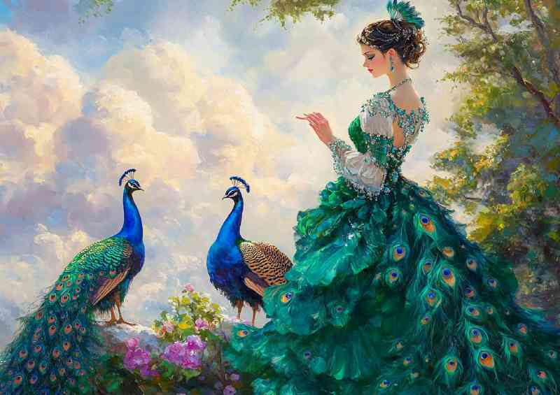 Woman in an emerald dress with peacocks | Metal Poster