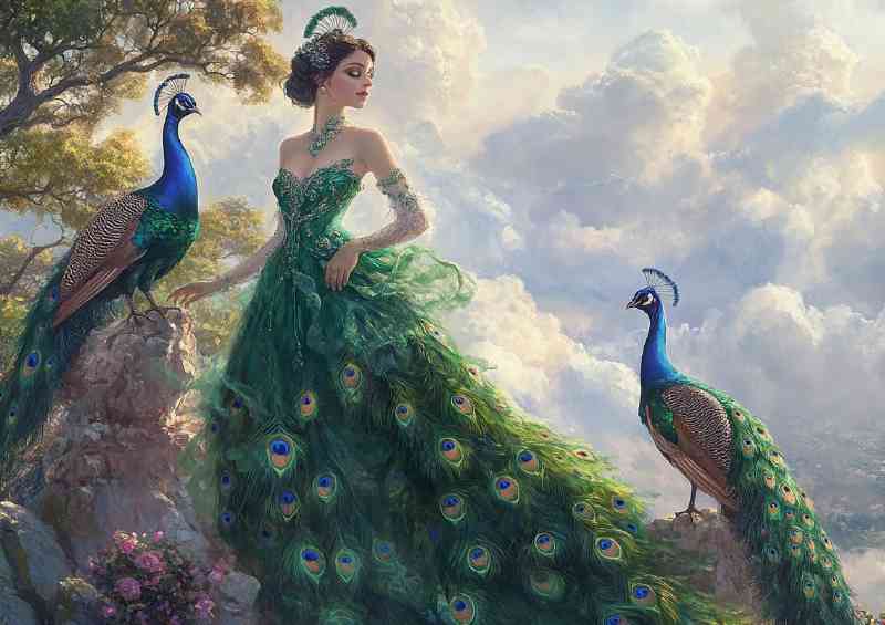 Woman in an emerald dress with two peacock | Canvas
