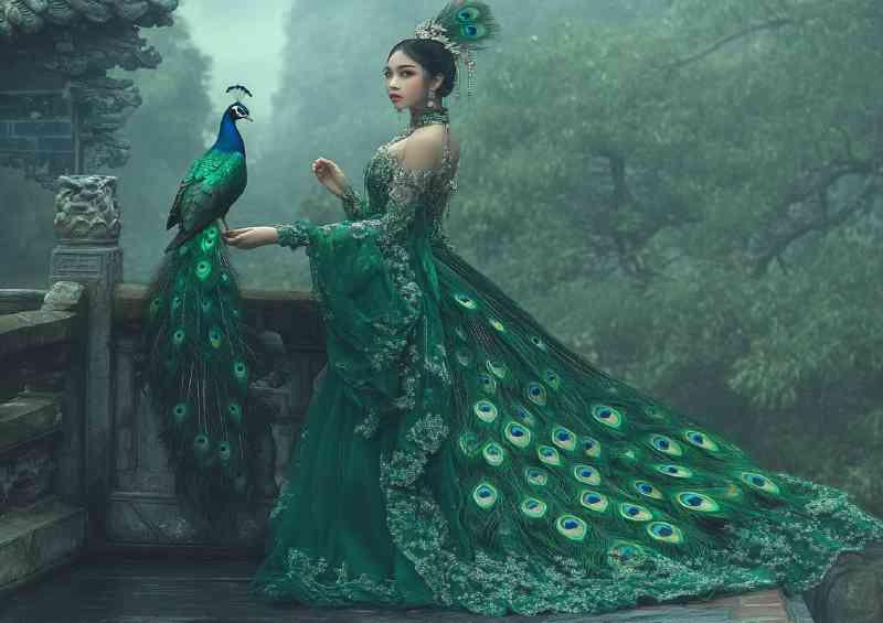 Woman in an emerald green dress with peacock | Canvas