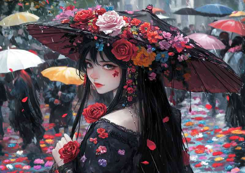 Woman with long black hair and flowers | Canvas