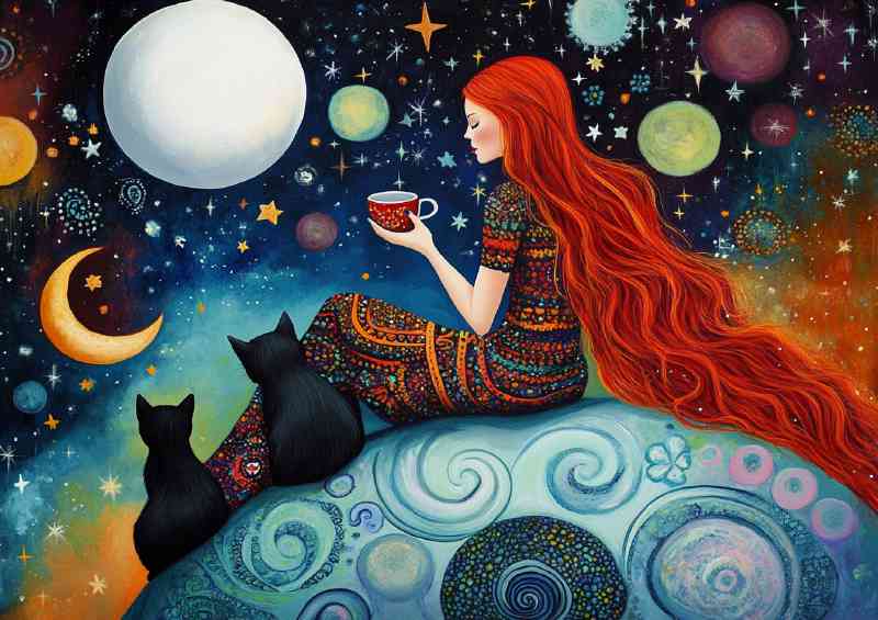 Woman with long red hair sitting on the hil | Canvas