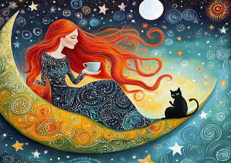 Woman with long red hair sitting on the moon with stars | Poster