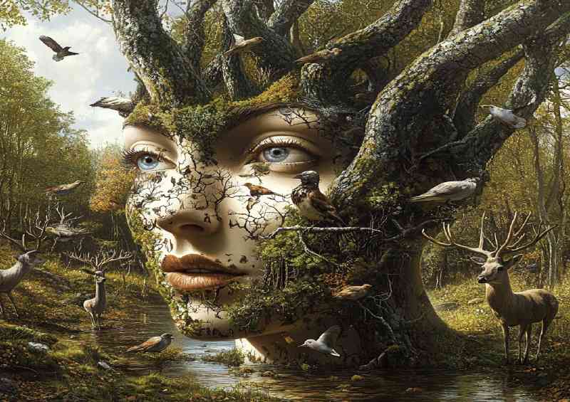 Womans face composed of trees birds and deer in a forest series | Di-Bond