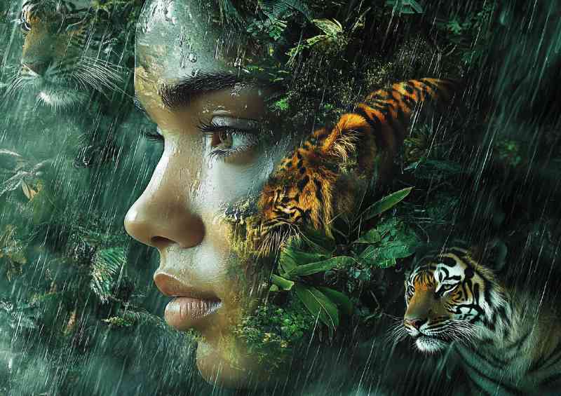 Womans face is adorned with tigers | Canvas