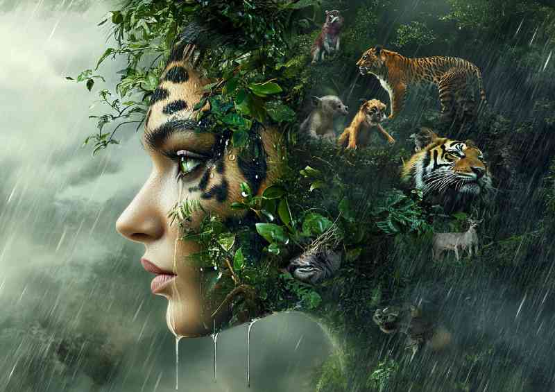 Womans face made of jungle foliage with animals transforming | Poster