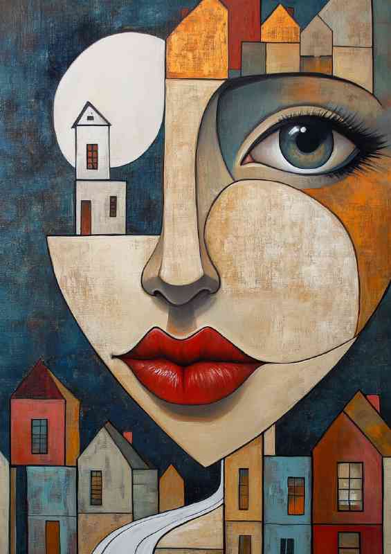 Abstract cubist painting of face with houses and moon | Canvas
