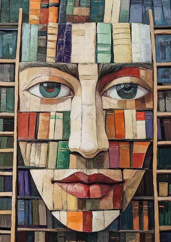 Abstract face made of books with ladders | Canvas