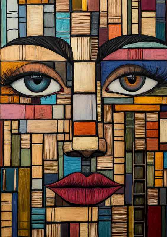 Face made of books and ladders with the eyes open red lips | Poster
