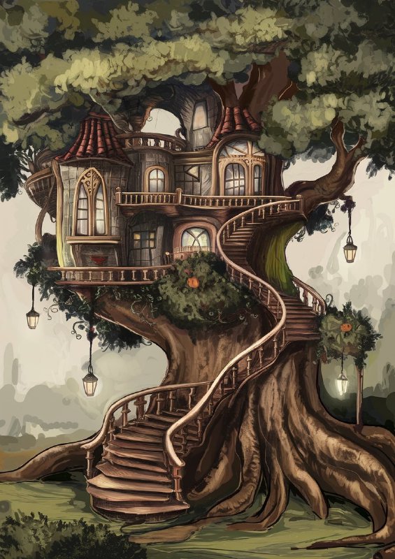 Fantastical treehouse nestled within the branches of the oak tree | Poster