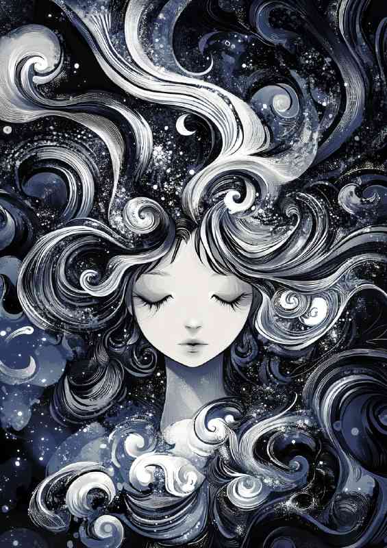 Girl with hair like the universe her face illuminated | Di-Bond