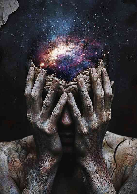 Man with his eyes closed hands covering his face the universe | Poster