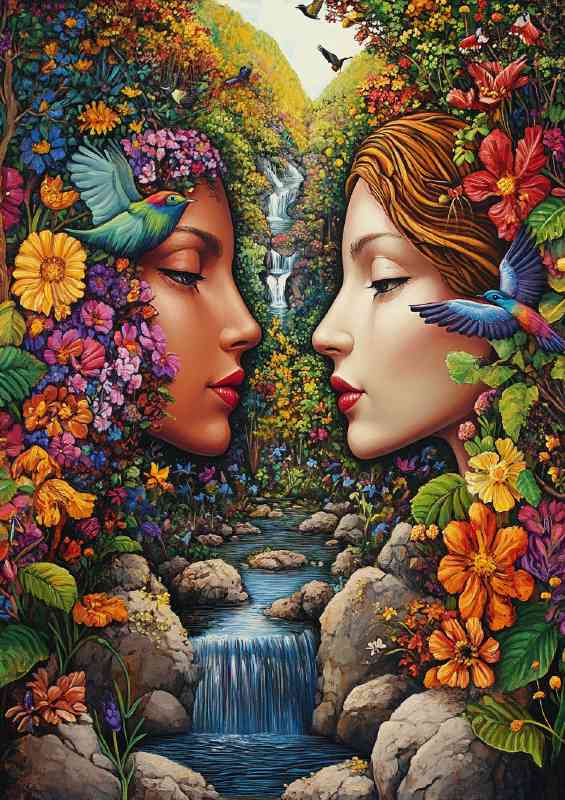 Painting depicting the faces of two women | Metal Poster