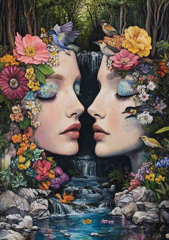 Painting depicting the faces of two women near the stream | Metal Poster