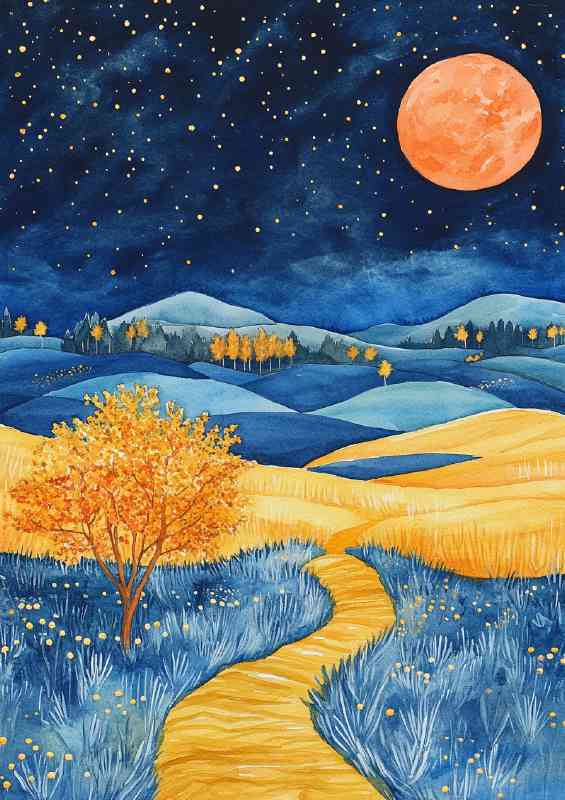 Starry night sky yellow trees and blue fields | Metal Poster