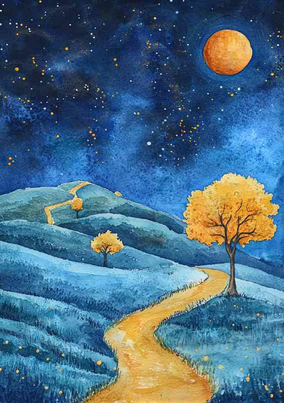 Starry night sky yellow trees and blue hils | Canvas
