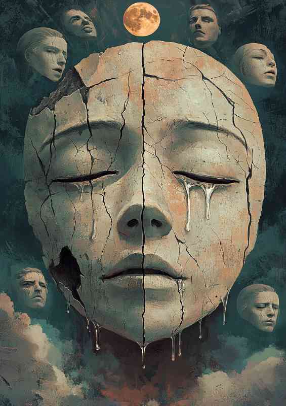 Surreal digital artwork portraying an oversized crying mask | Metal Poster