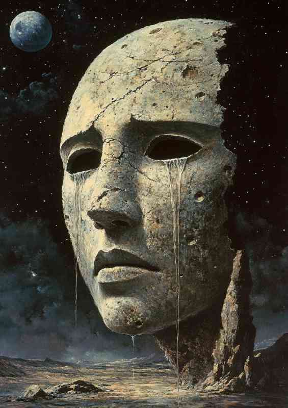 Surreal painting ancient mask with the moon behind | Canvas
