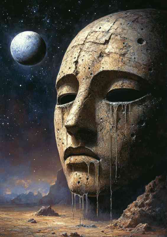 Surreal painting of an ancient mask with the full moon | Canvas