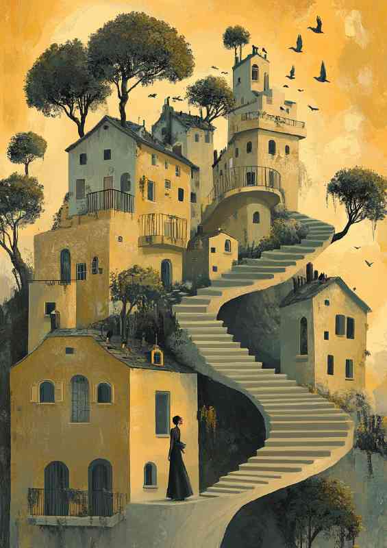 Surreal scene of houses with a thousand steps | Di-Bond