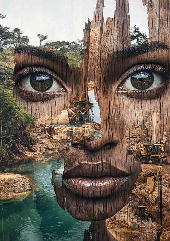 Surrealistic art print of an African womans face made from wood | Poster