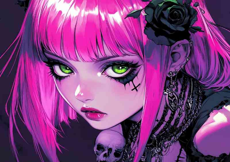 Cute goth girl with pink and purple hair green eyes | Metal Poster