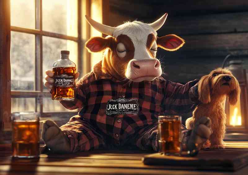 A fat cow wearing pajamas and drinking Jack Daniels w 54fdd3db-92f1-4e59-ac39-9b1b3ada0418 | Canvas