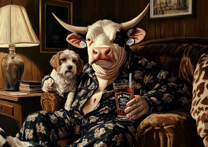 A fat cow wearing pajamas and drinking Jack Daniels w 8414af3d-3c26-40fc-8547-08b8b60ebf17 | Canvas
