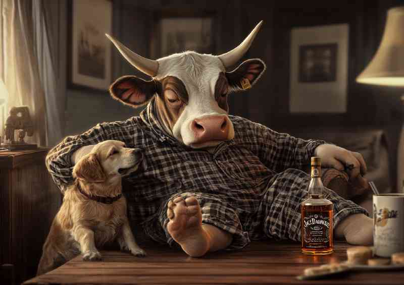 A fat cow wearing pajamas and drinking Jack Daniels w b4e67481-efc5-4814-89e6-72f3f392bd68 | Metal Poster