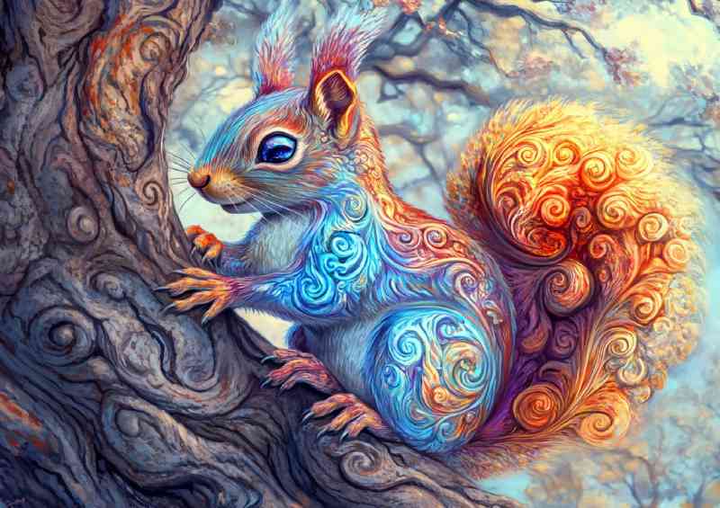 Colorful fantasy art of an iridescent squirrel on a branch | Metal Poster