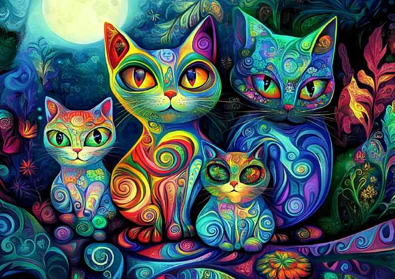 Cute cat family in the style of colorful psychedelic | Canvas