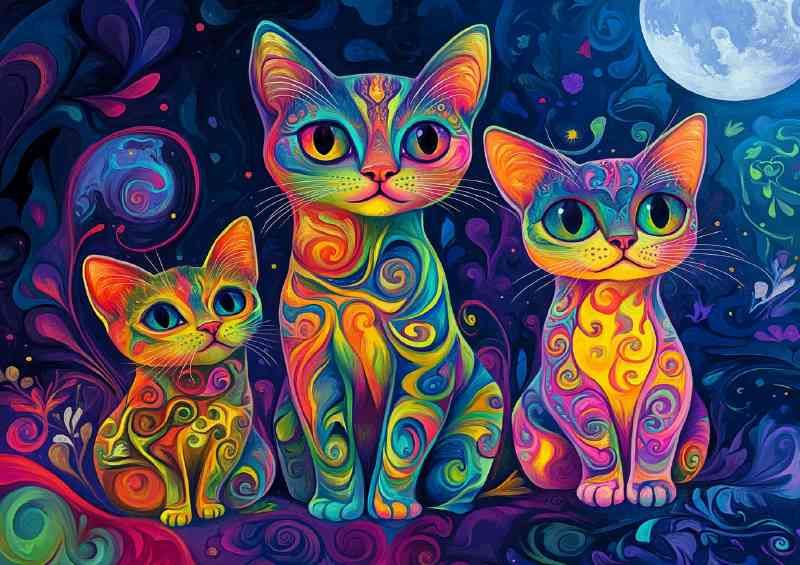 Cute cat family in the style of colorful psychedelic trio | Canvas