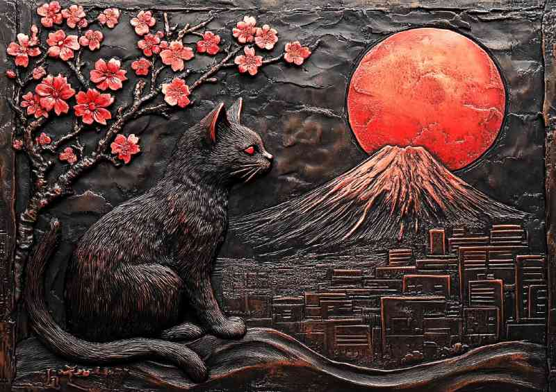 Relief sculpture of a black cat cherry blossoms | Di-Bond