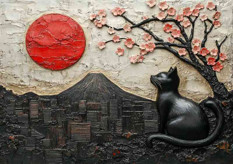 Relief sculpture of a black cat cherry blossoms and mount fuji | Poster