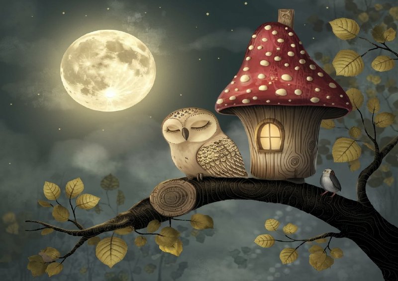 The sleepy owl at night on a branch | Canvas