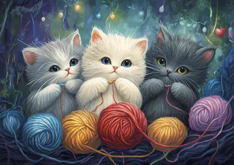 Three cute cats playing with yarn | Poster