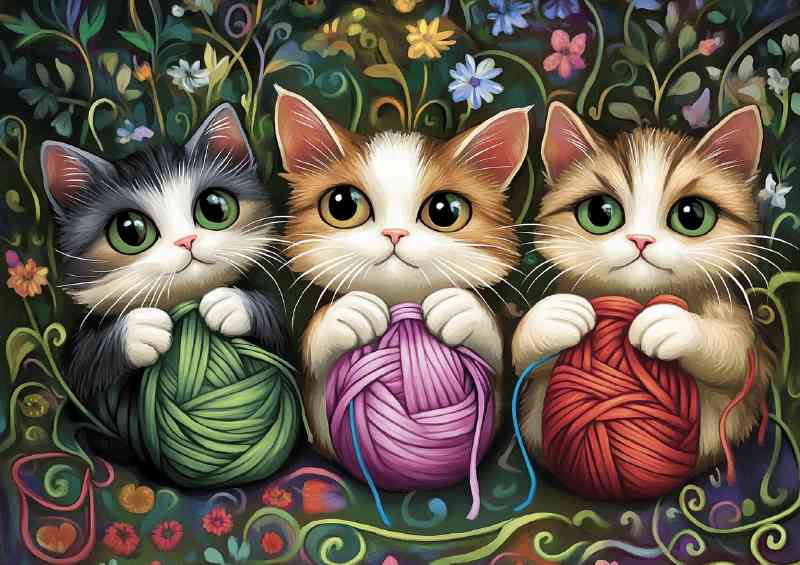 Three cute cats playing with yarn detailed background | Metal Poster