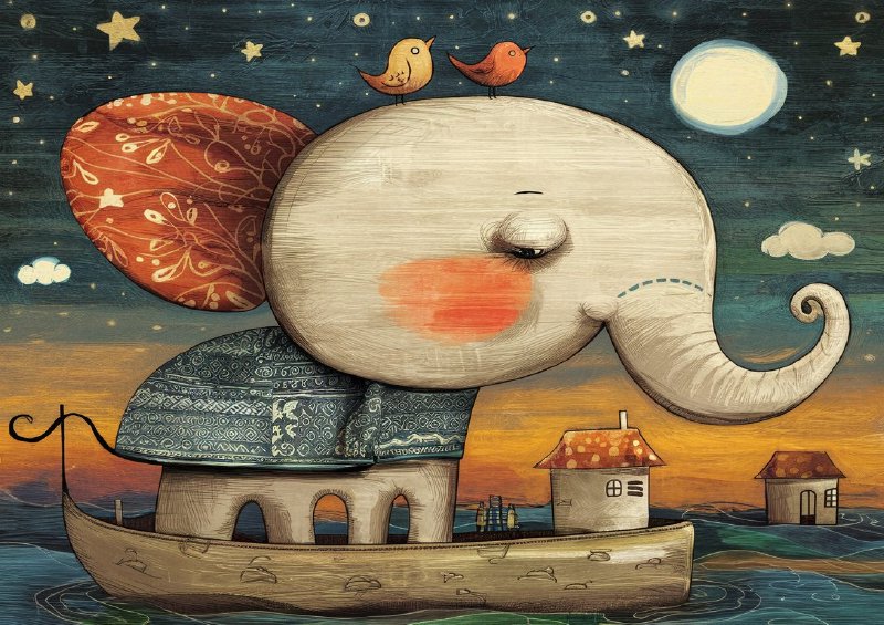 Whimsical a night sky elephant on a boat | Di-Bond