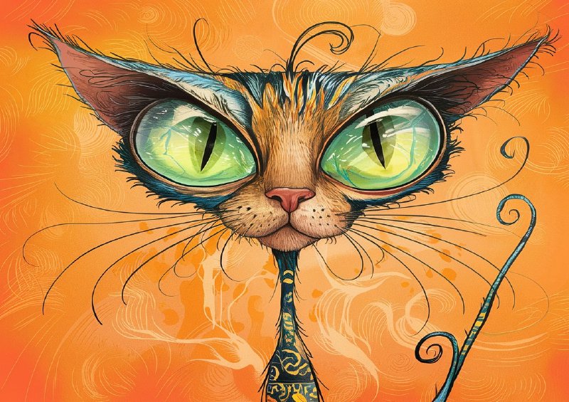 Whimsical and vibrant illustration of a cat with big green eyes | Poster
