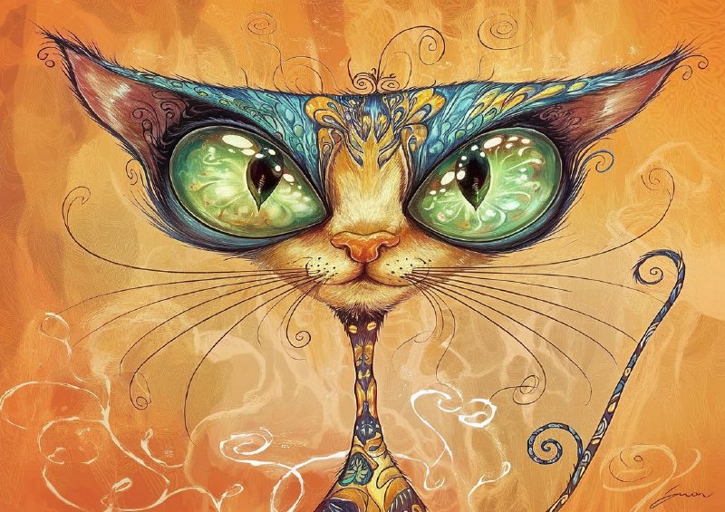 Whimsical artwork of a cat with large green eyes | Metal Poster