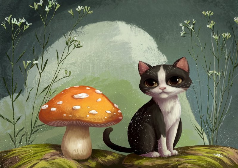 Whimsical cat and the mushroom | Canvas