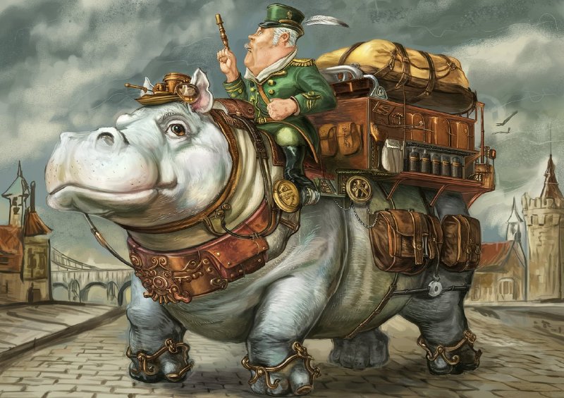 Whimsical hippo walking cloudy sky city | Metal Poster