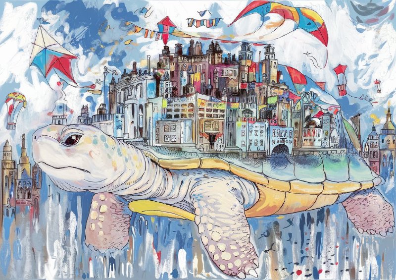 Whimsical scene where a gigantic turtle floating island | Metal Poster